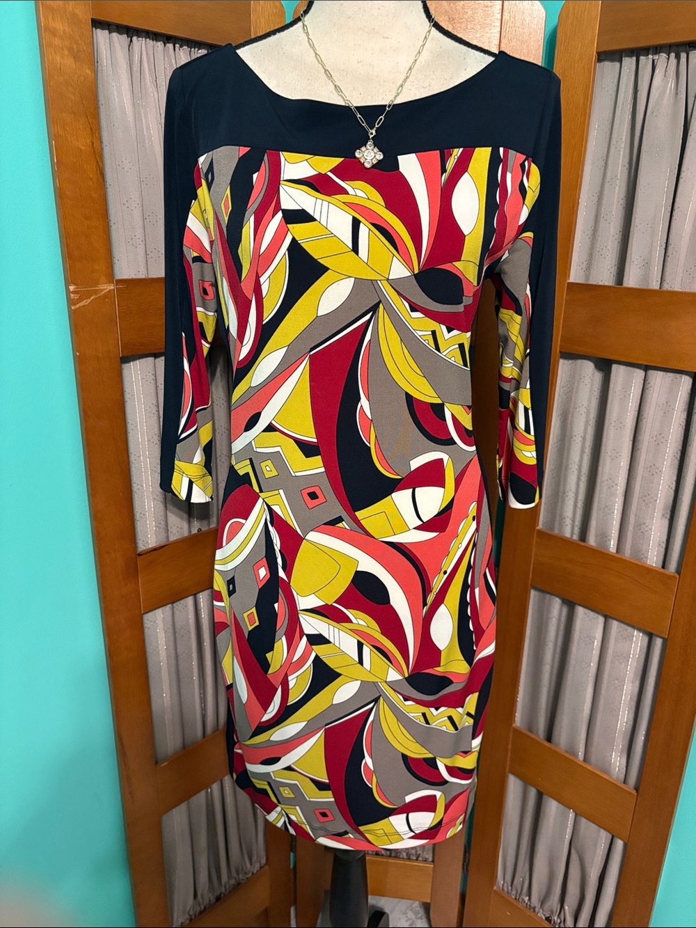 Banana Republic Navy Yoke Abstract Print Midi Dress in Red, Yellow & Cream